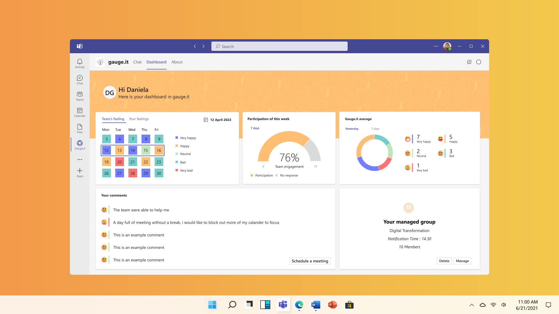 gauge.it dashboard Screenshot of the gauge.it dashboard within Microsoft Teams. The dashboard presents a summary of the team leader's team members moods over a period of time.